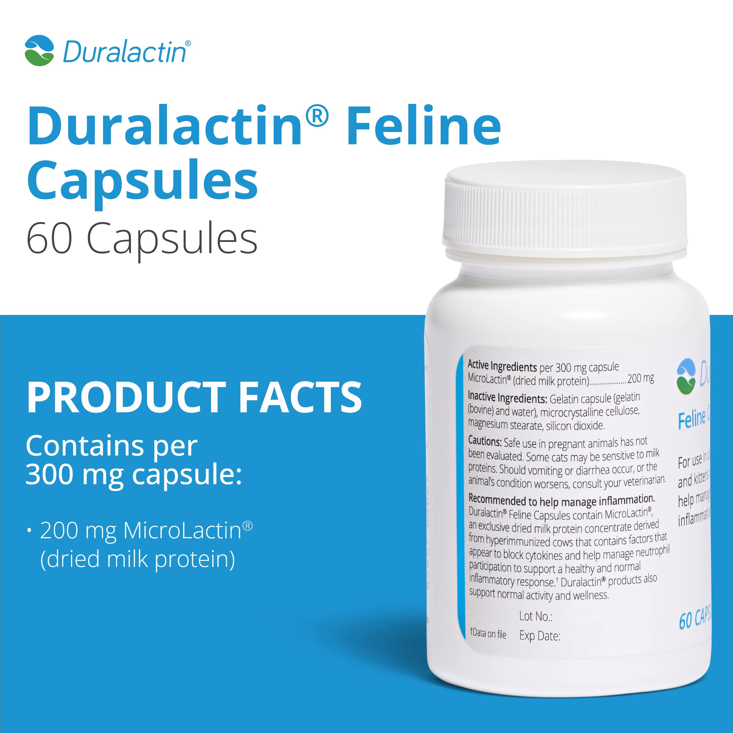 Duralactin Feline contiene Microlactin para el bienestar felino.