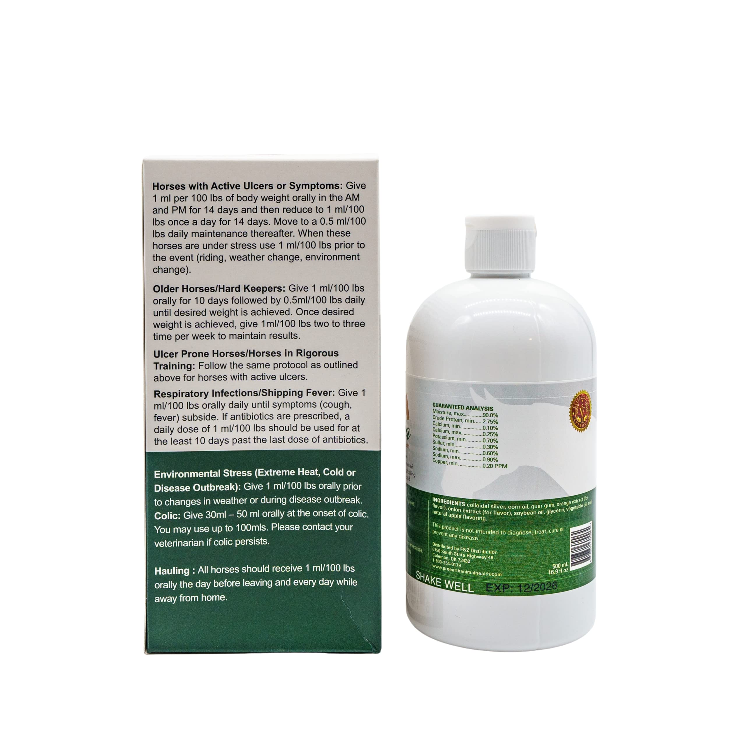 Etiqueta de Pro Earth Zesterra 500ml, información clara para uso en caballos.