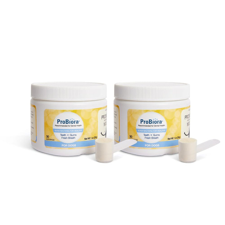 Probiora para perros, envase del suplemento, mejora la salud bucal y el aliento.