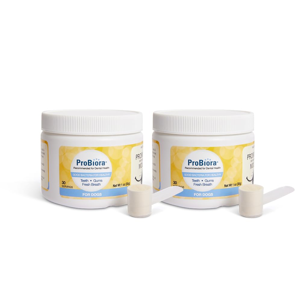 Probiora para perros, envase del suplemento, mejora la salud bucal y el aliento.