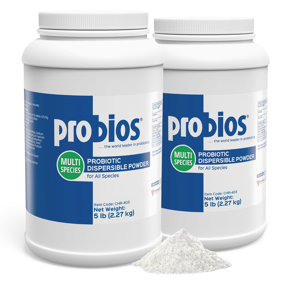 Probios polvo probiótico dispersible para mascotas, fácil disolución en comida o agua.