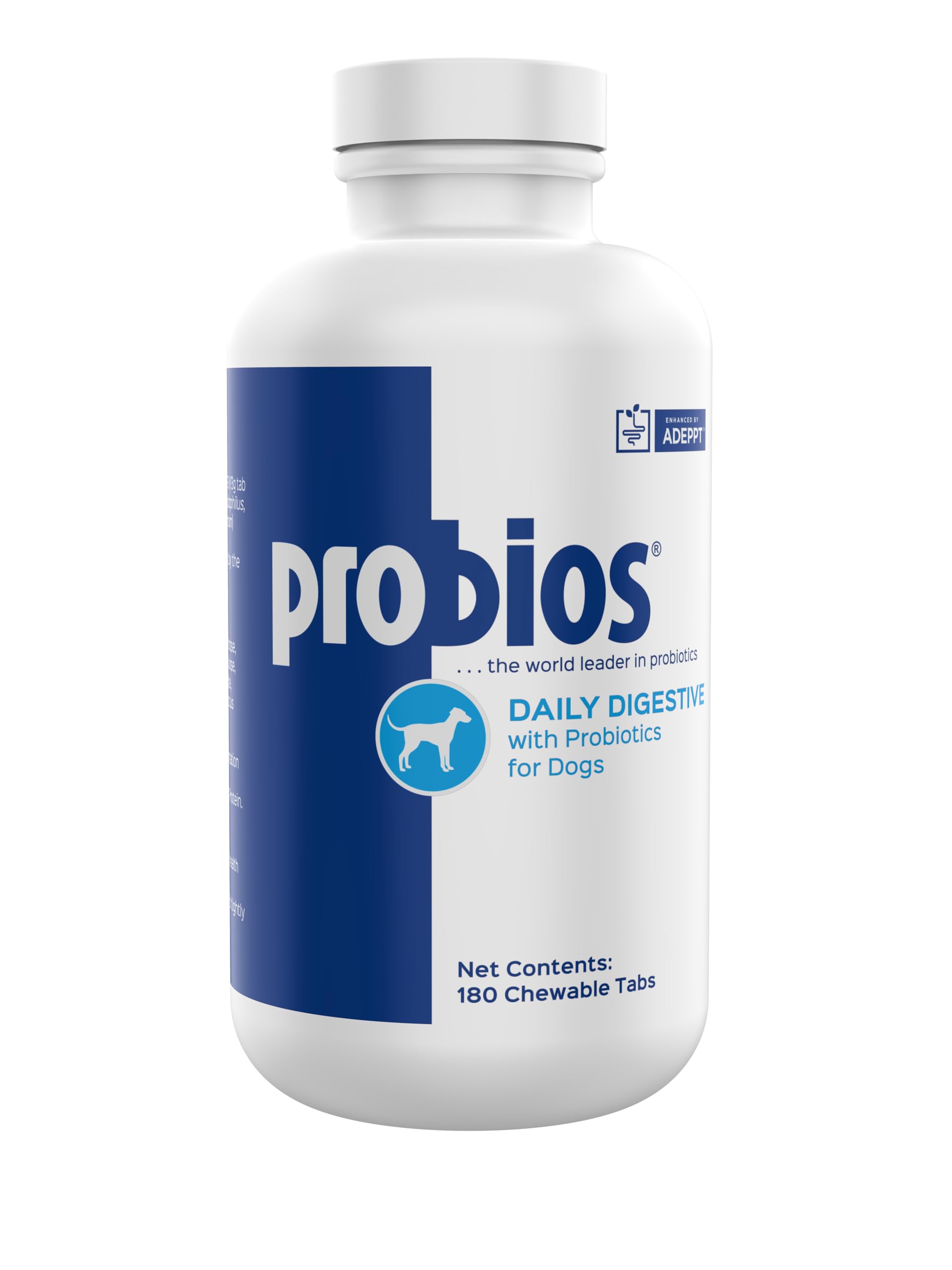 Probios Vet Plus: botella con tabletas digestivas para perros, apoyo al sistema digestivo.