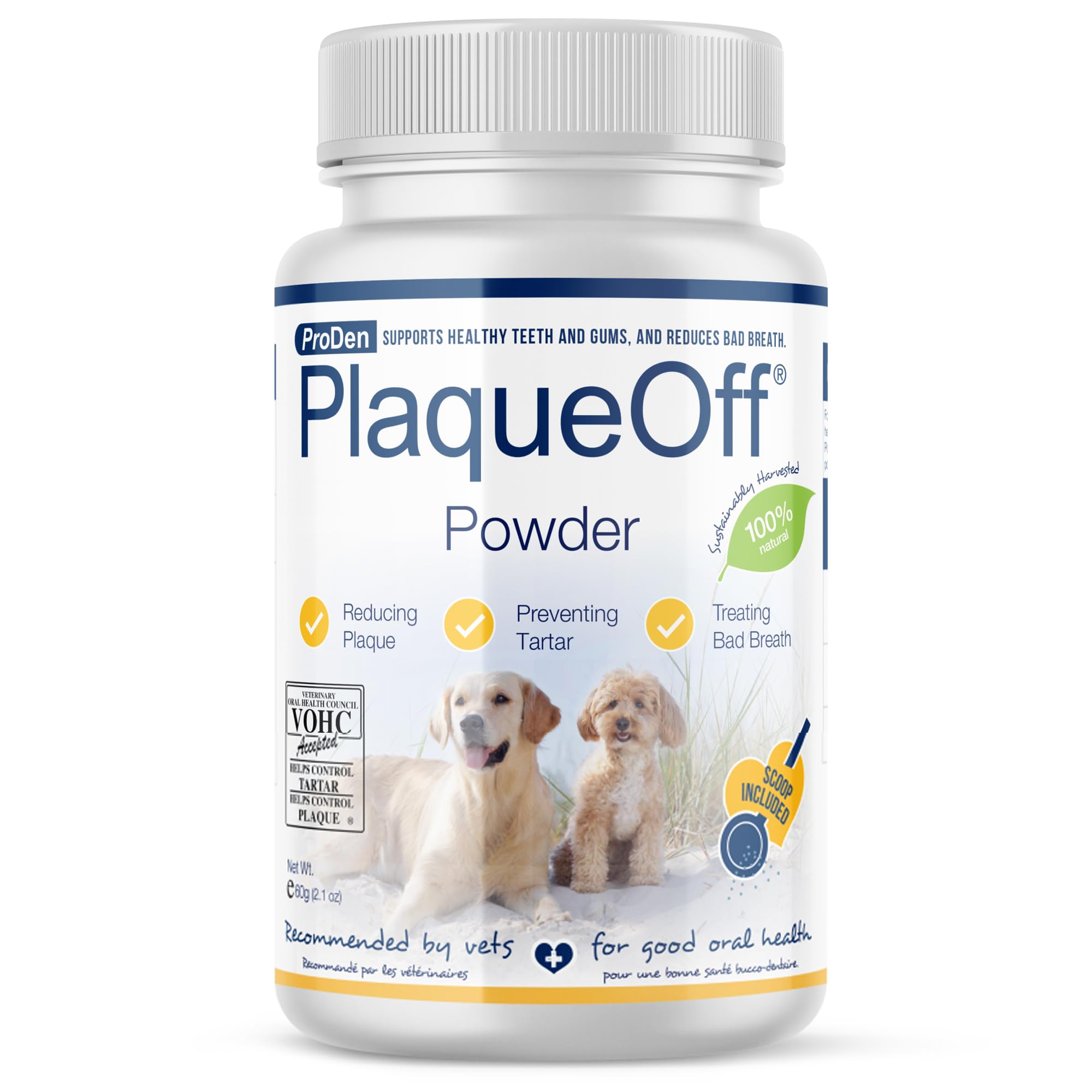 ProDen PlaqueOff 60g, empaque frontal, cuidado dental natural para mascotas.