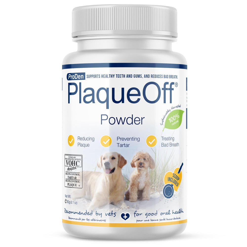 ProDen PlaqueOff 60g, empaque frontal, cuidado dental natural para mascotas.