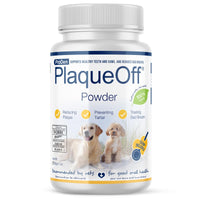 ProDen PlaqueOff 60g, empaque frontal, cuidado dental natural para mascotas.