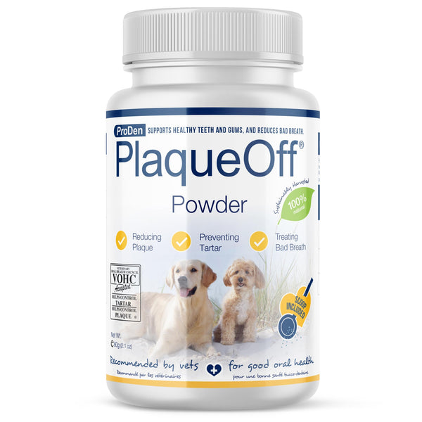 ProDen PlaqueOff 60g, empaque frontal, cuidado dental natural para mascotas.