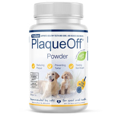 ProDen PlaqueOff 60g, empaque frontal, cuidado dental natural para mascotas.