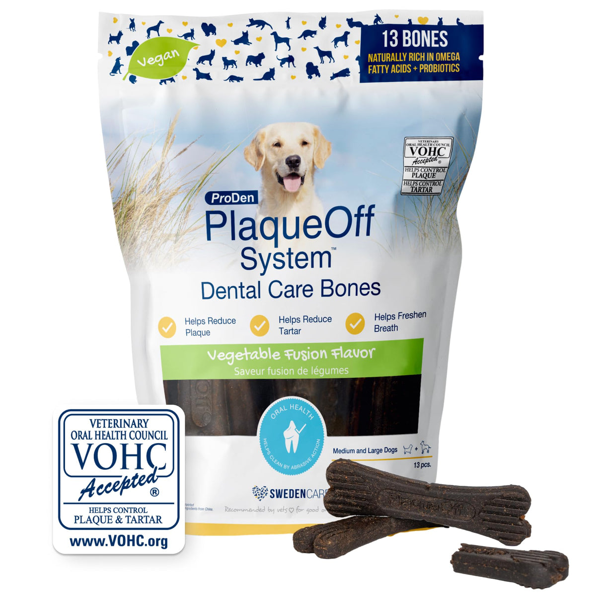 ProDen PlaqueOff: empaque de huesos dentales vegetales para perros.
