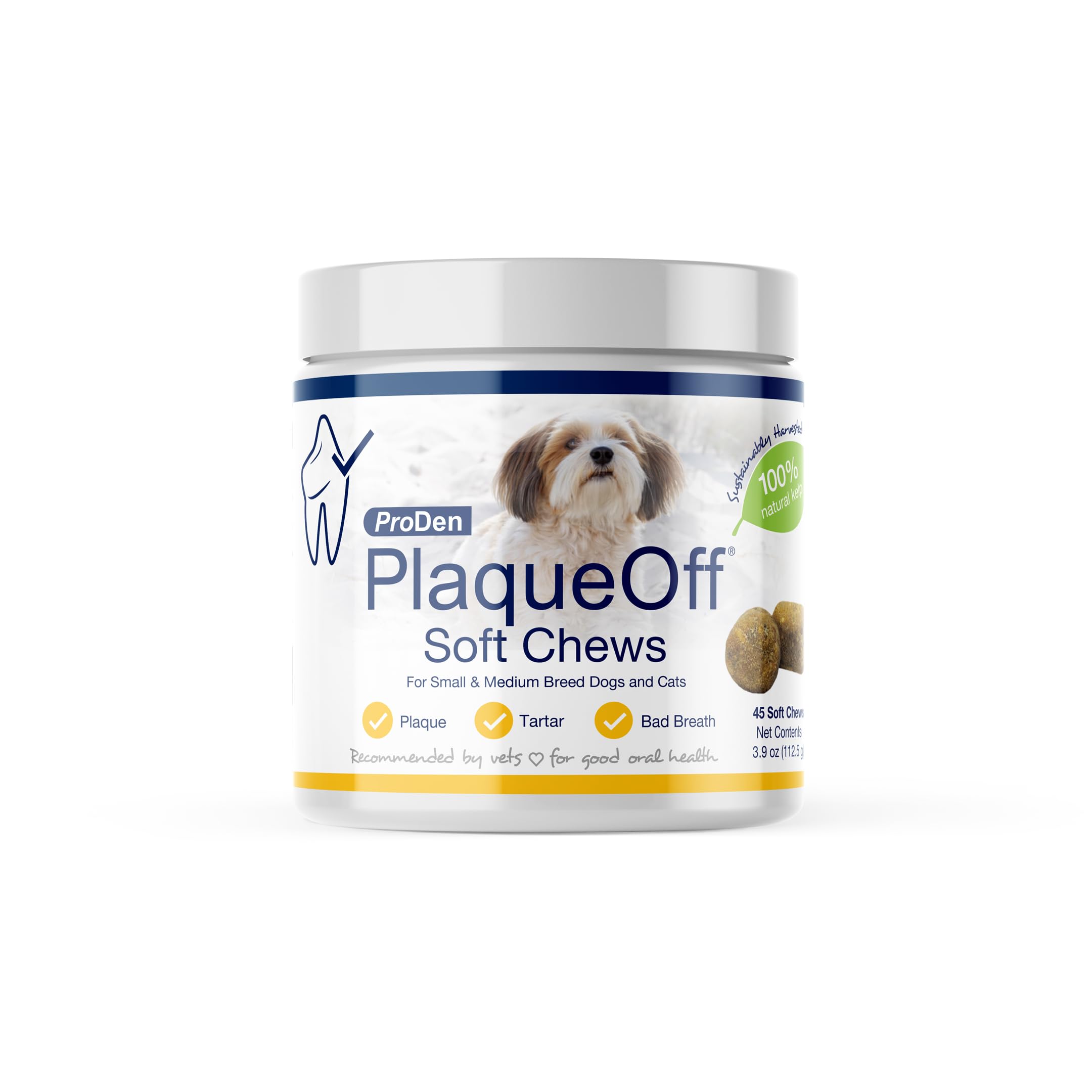 ProDen PlaqueOff gomitas suaves con algas marinas orgánicas para perros y gatos, cuidado bucal.