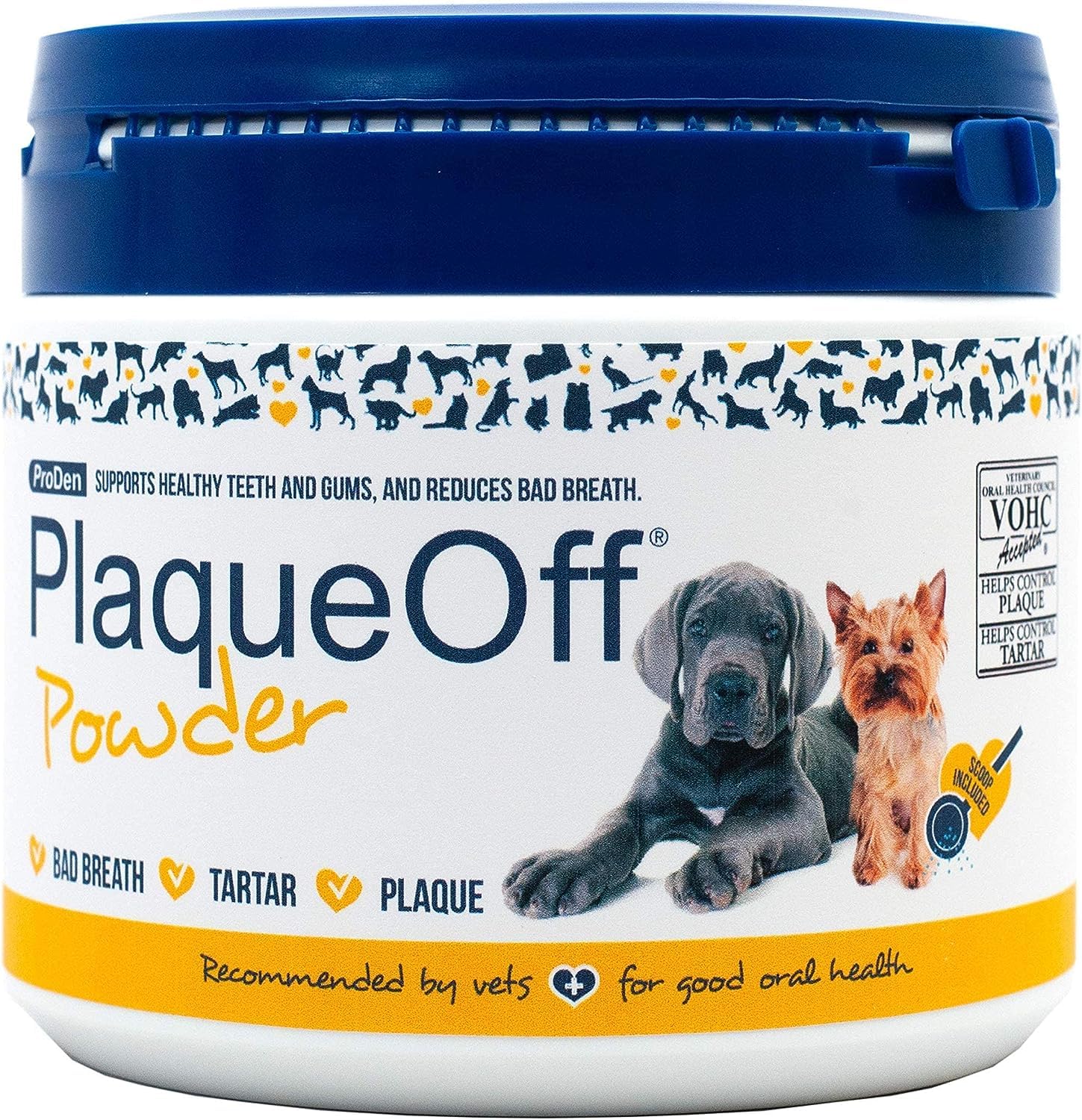 Polvo dental ProDen PlaqueOff Mascotas para higiene bucal de mascotas, útil para uso diario.