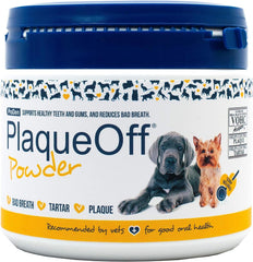 Polvo dental ProDen PlaqueOff Mascotas para higiene bucal de mascotas, útil para uso diario.