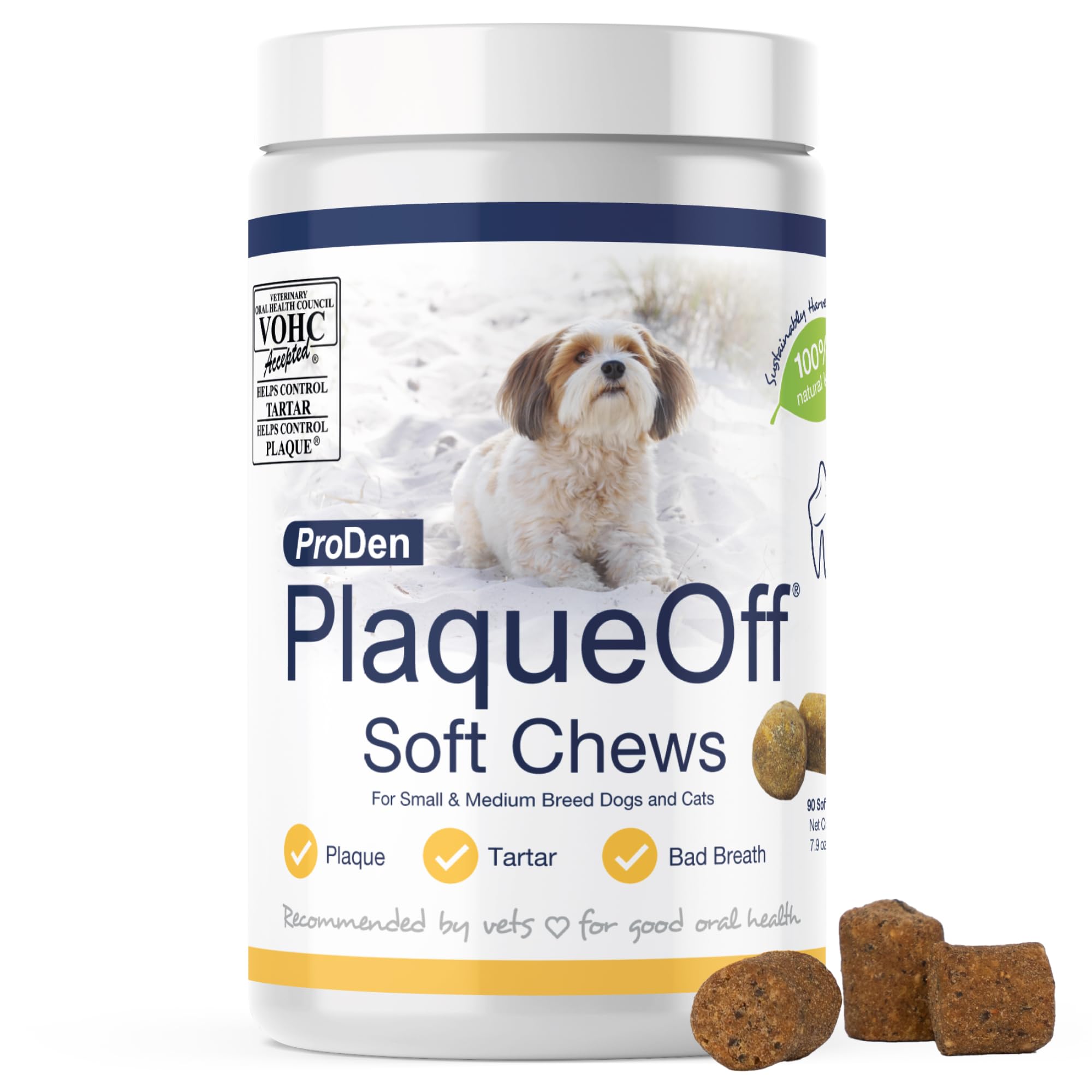 ProDen PlaqueOff masticables, ingrediente kelp, ayuda a cuidar dientes y encías.