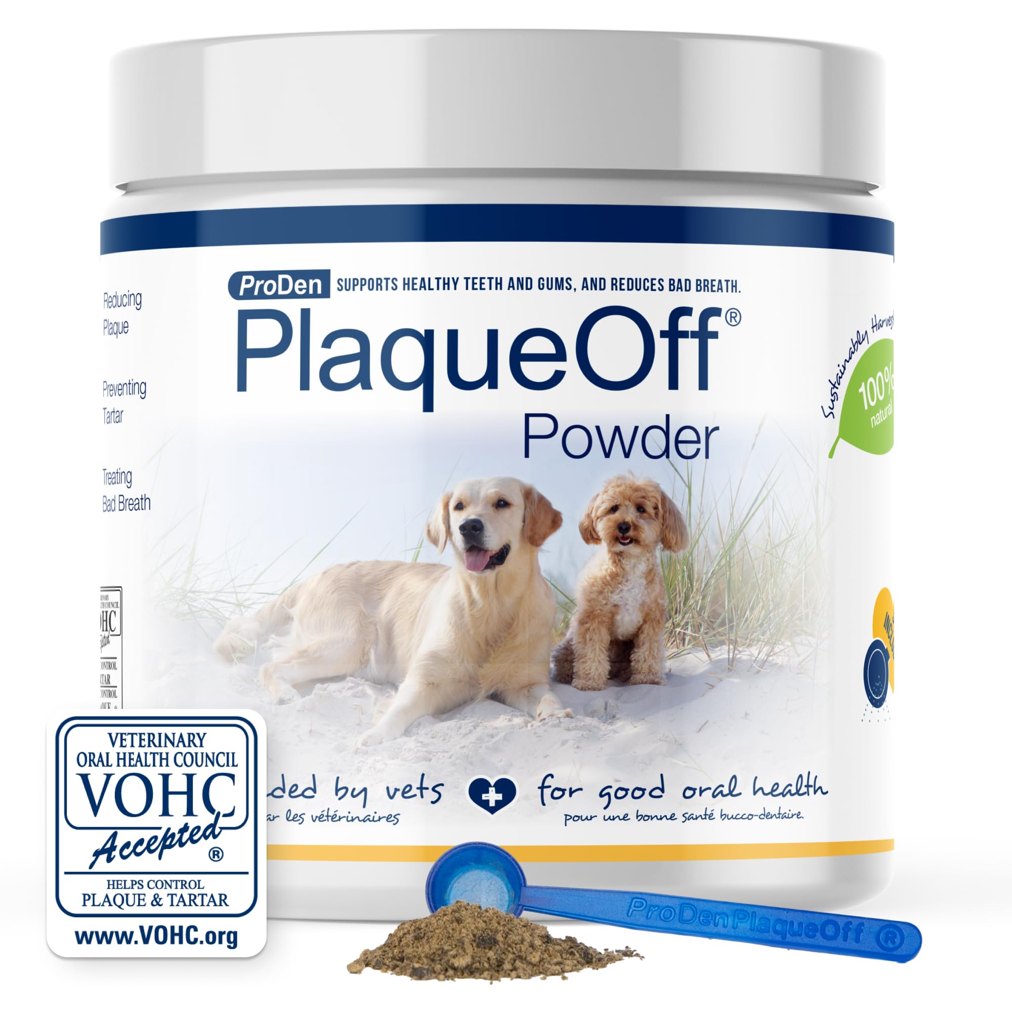 ProDen PlaqueOff polvo-cuidado-bucal para perros y gatos mejora el aliento.