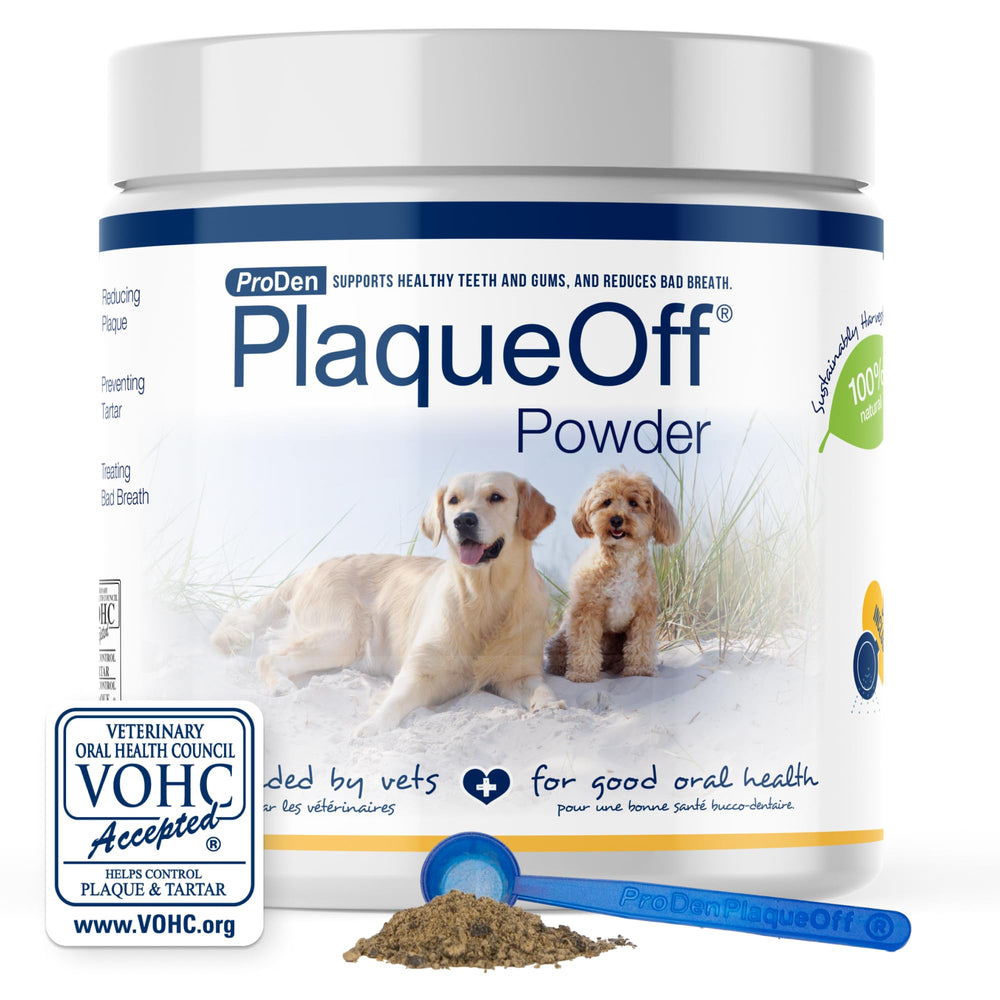 ProDen PlaqueOff polvo-cuidado-bucal para perros y gatos mejora el aliento.