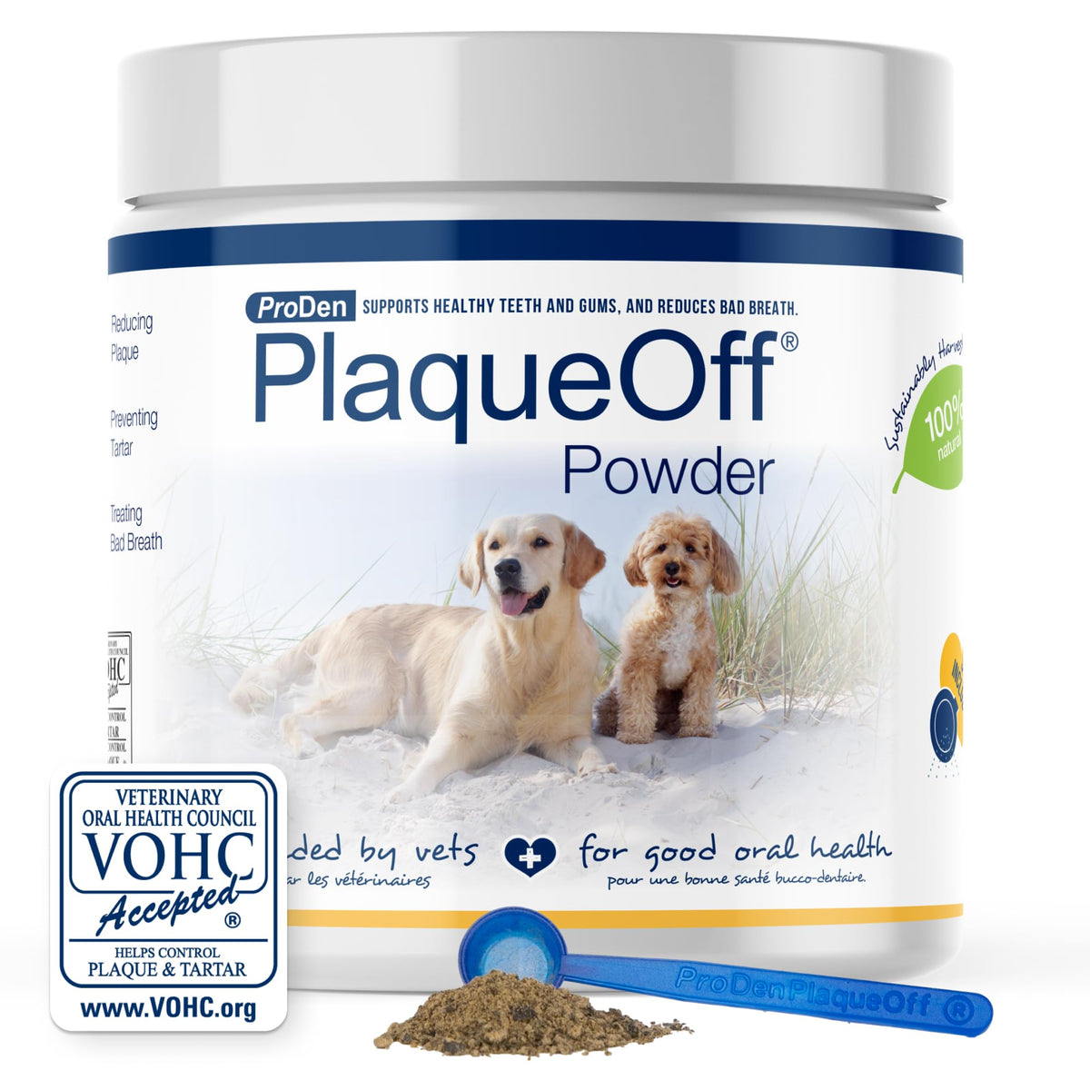 ProDen PlaqueOff polvo-cuidado-bucal para perros y gatos mejora el aliento.