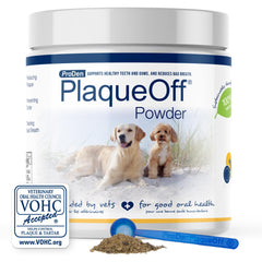 ProDen PlaqueOff polvo-cuidado-bucal para perros y gatos mejora el aliento.