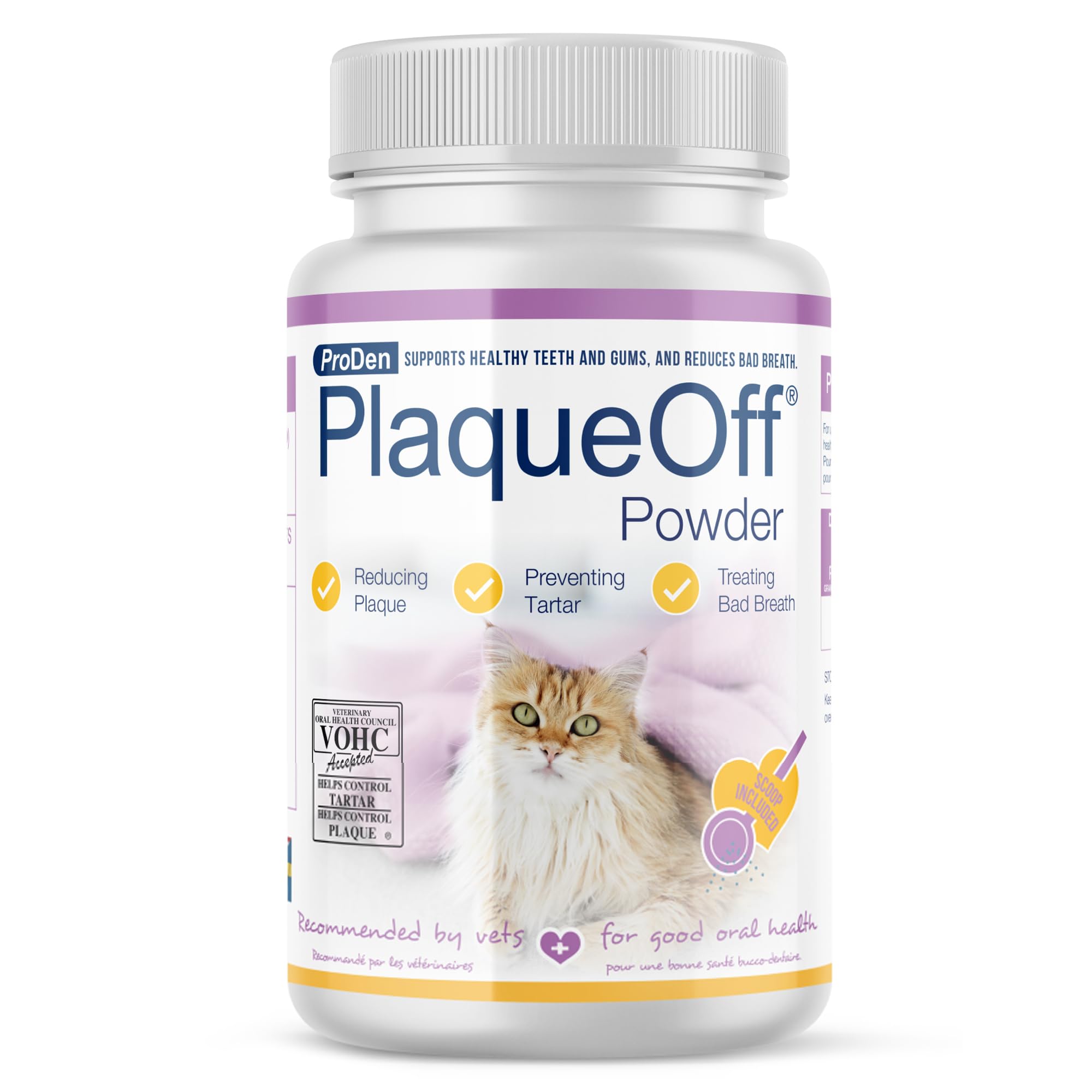 ProDen PlaqueOff polvo para gatos, envase 40 g, apoyo al cuidado bucal diario.