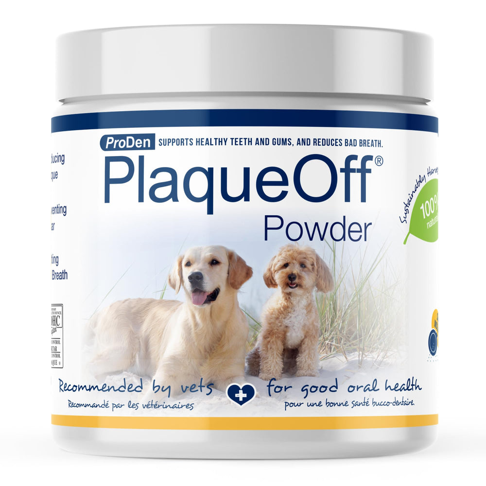 ProDen PlaqueOff polvo para mascotas: enfoque polvo, ayuda a dientes sanos sin cepillado.