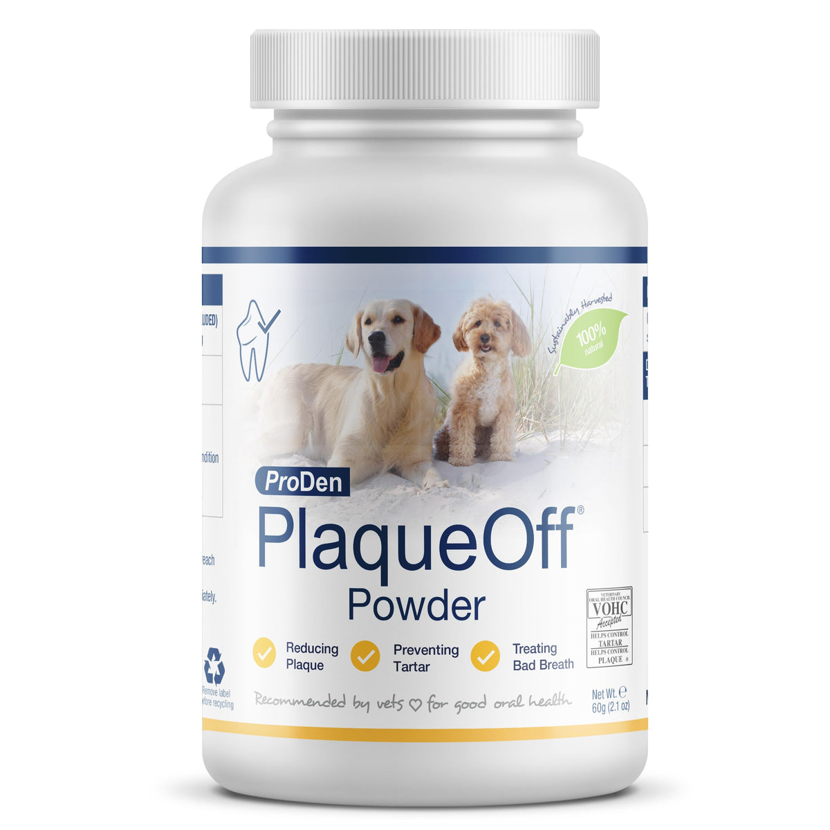 ProDen PlaqueOff: aliento fresco con polvo para higiene bucal de perros y gatos.