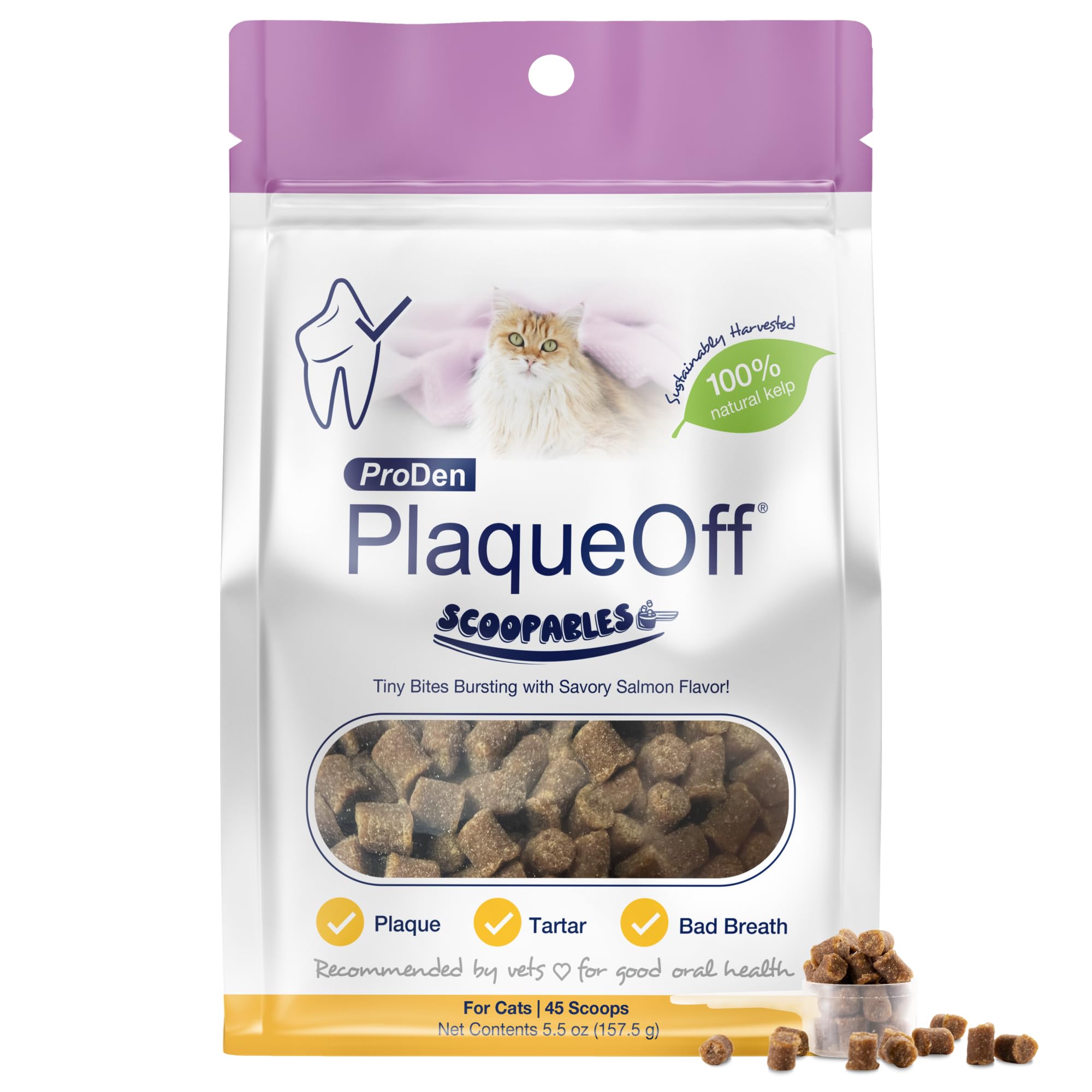 ProDen PlaqueOff Scoopables bocaditos sabor salmf3n para gatos, ayuda a mantener dientes sanos.