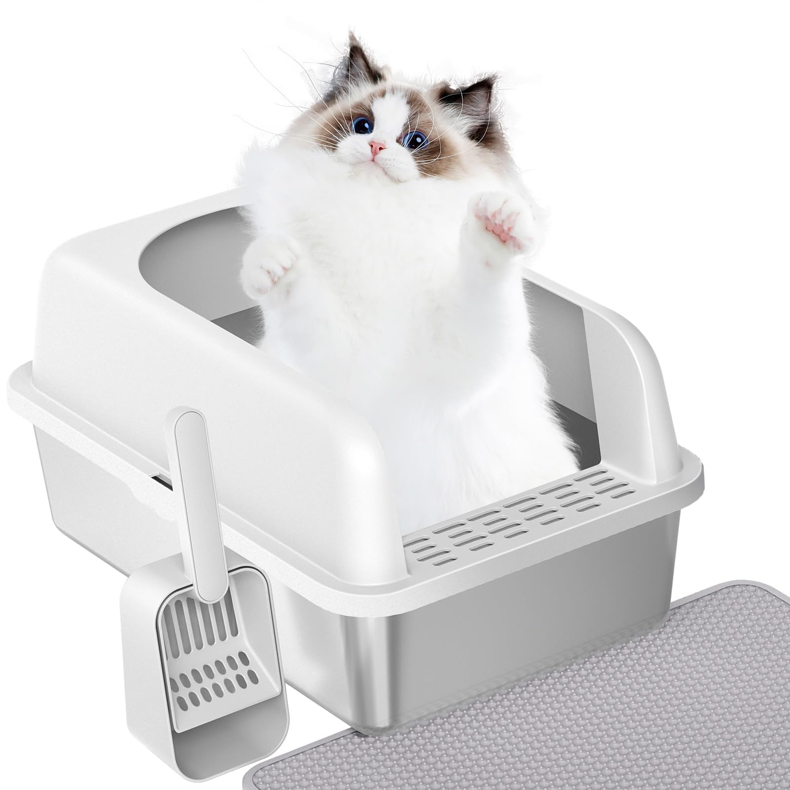 Prodigen caja de arena para gatos de acero inoxidable con tapa, duradera y fácil de limpiar.