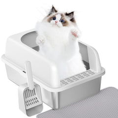 Prodigen caja de arena para gatos de acero inoxidable con tapa, duradera y fácil de limpiar.