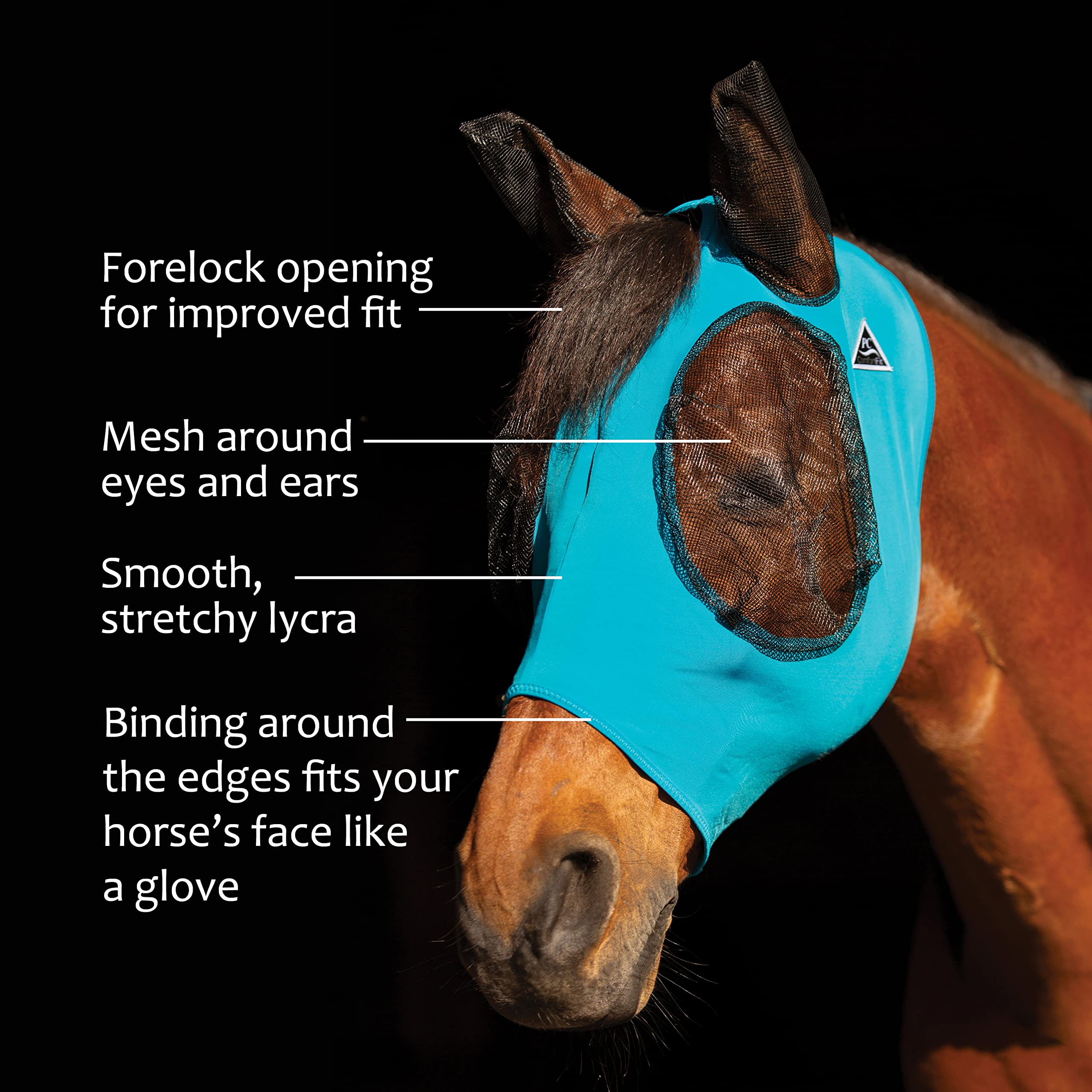 Professional's Choice malla antiinsectos azul pacífico, lateral: protección cómoda para la piel del caballo.