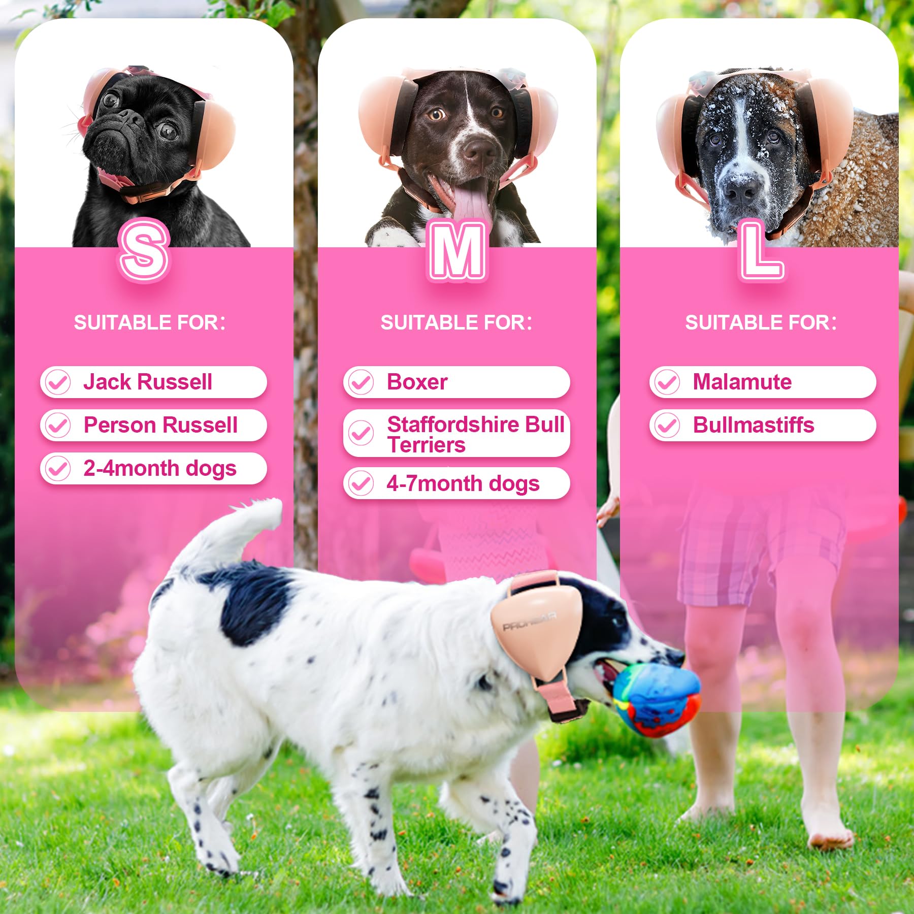 PROHEAR ajuste elástico para perro en acabado rosa, encaje seguro.