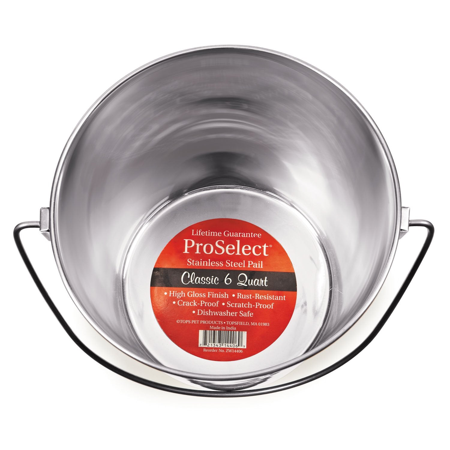 ProSelect balde de acero inoxidable con mango contorneado, uso en jaulas.