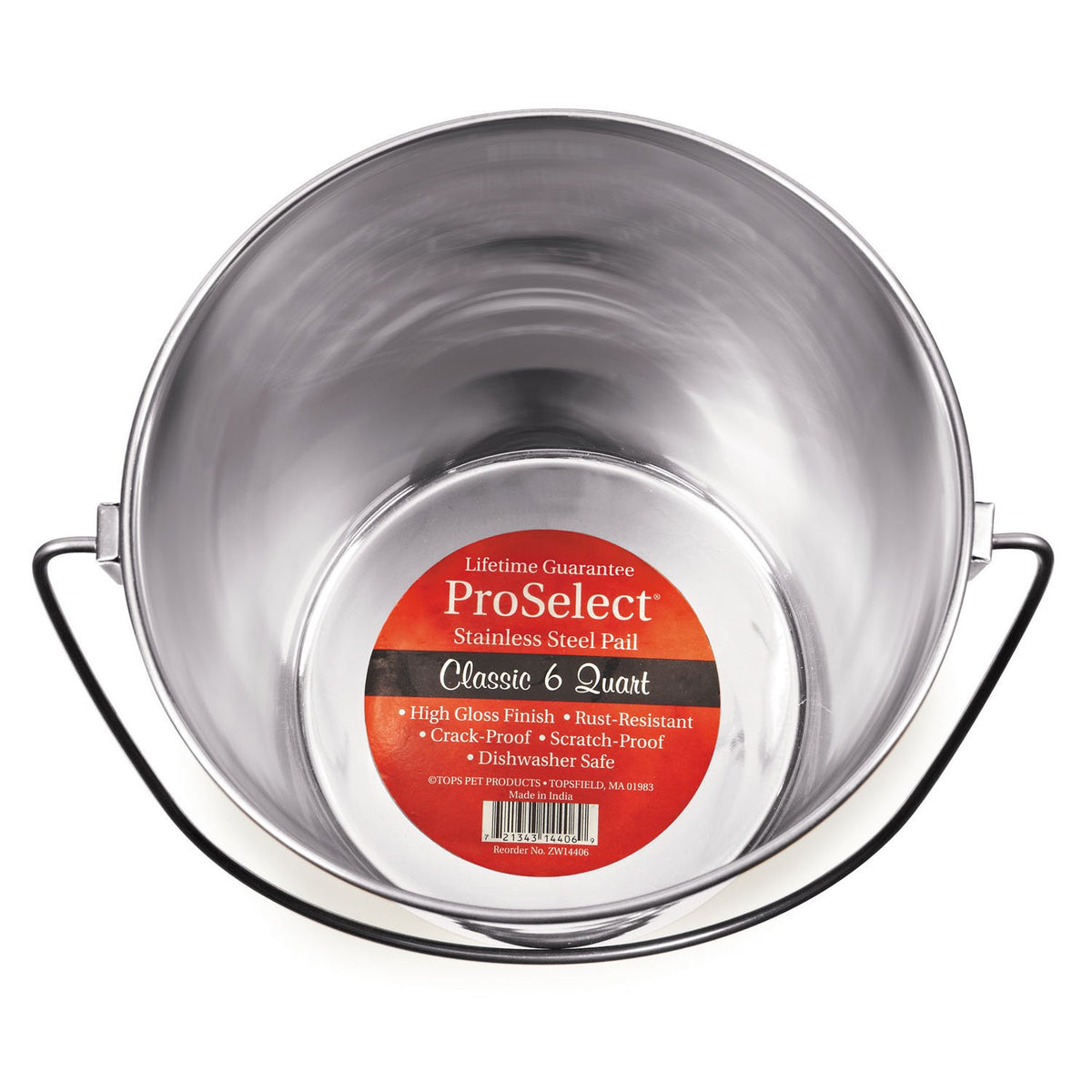 ProSelect balde de acero inoxidable con mango contorneado, uso en jaulas.