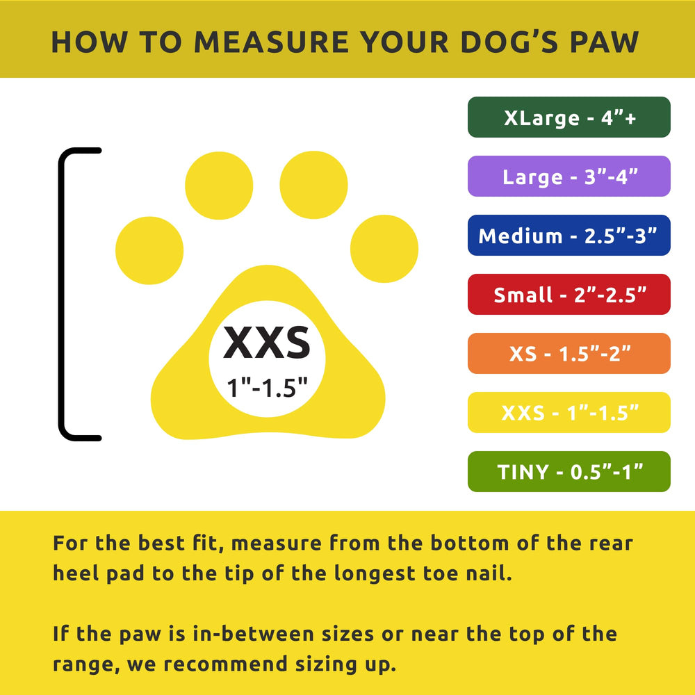 Guía de tallas Protex PawZ para un ajuste seguro.