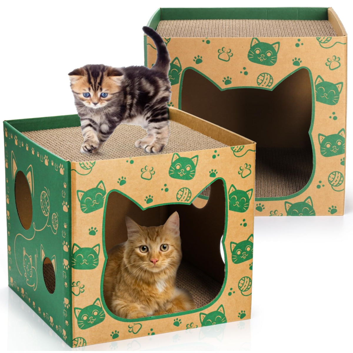 Pumtus dos casas para gato, vista frontal, refugio cómodo para juego y descanso