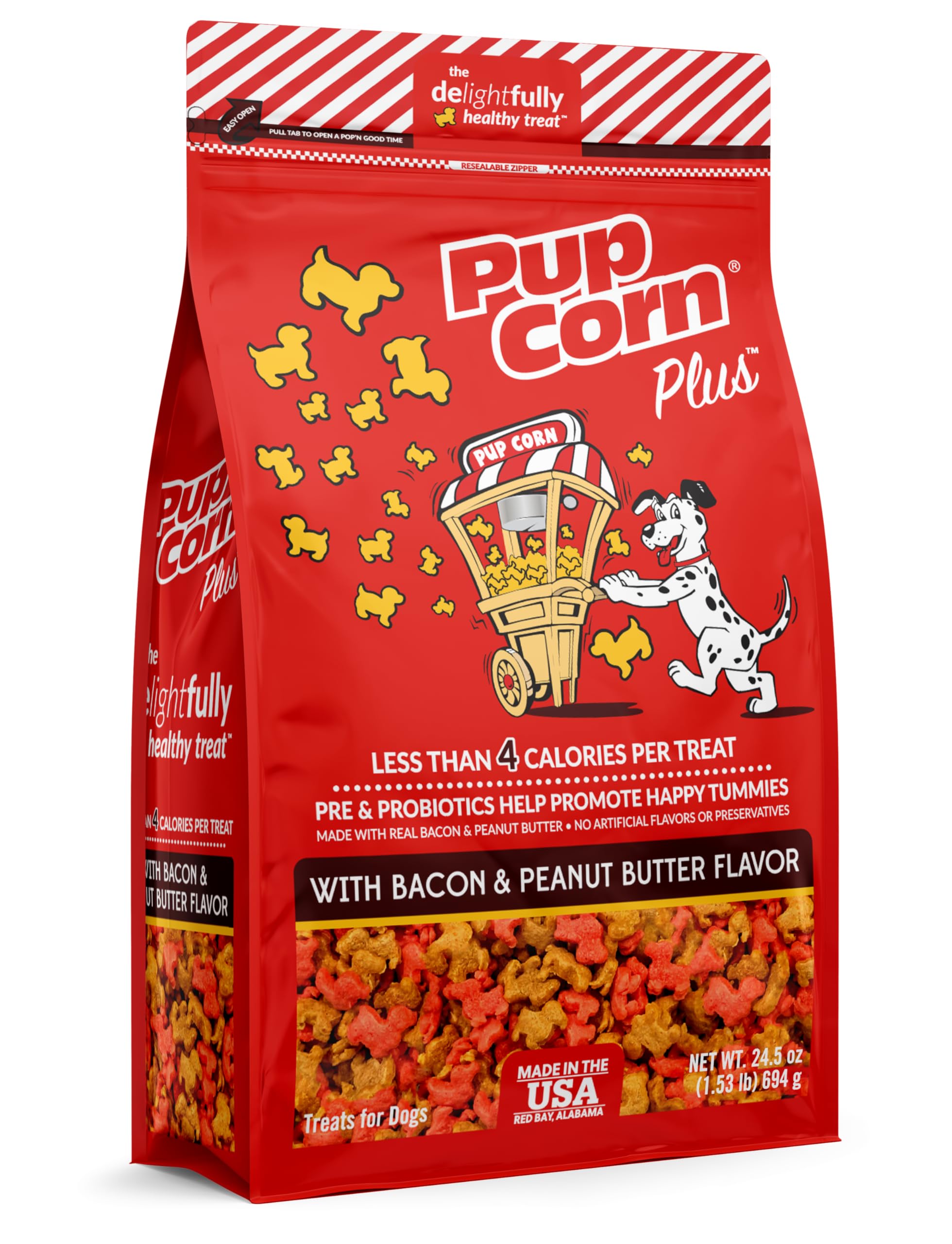 Pup Corn Plus sabor tocino y mantequilla de maní para recompensas sabrosas.