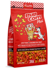 Pup Corn Plus sabor tocino y mantequilla de maní para recompensas sabrosas.