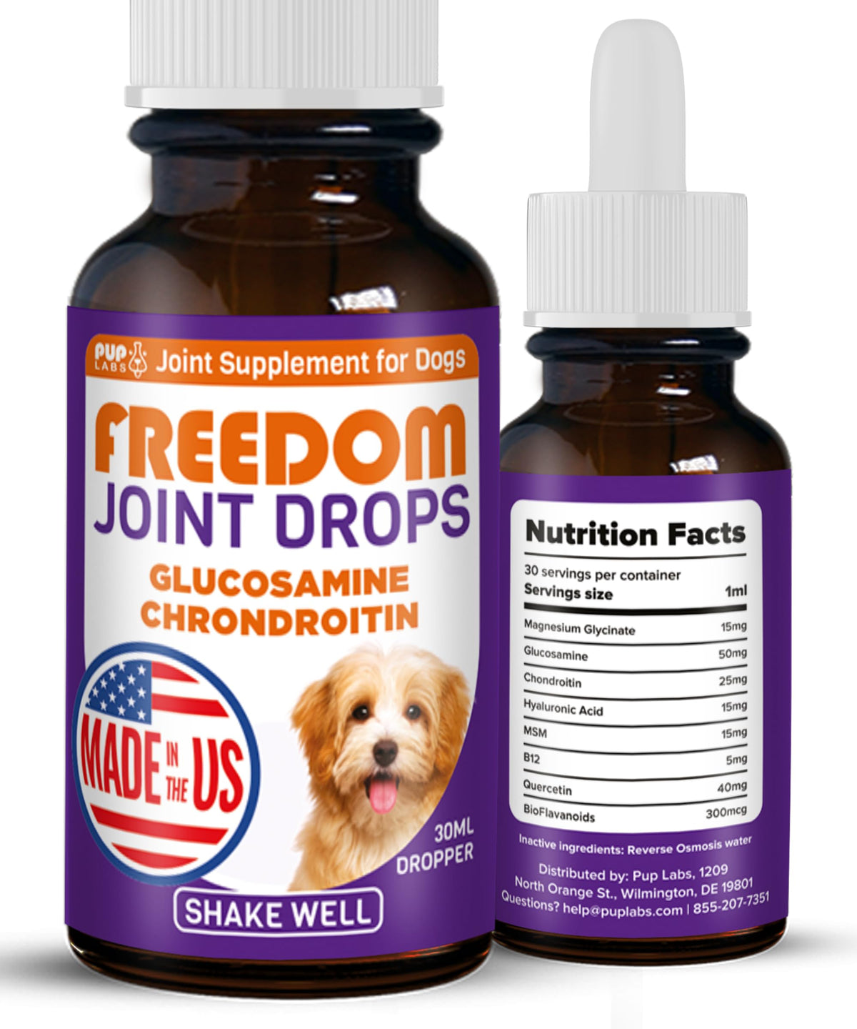 Pup Labs Freedom Joint Drops: botella para apoyar movilidad articular de perros