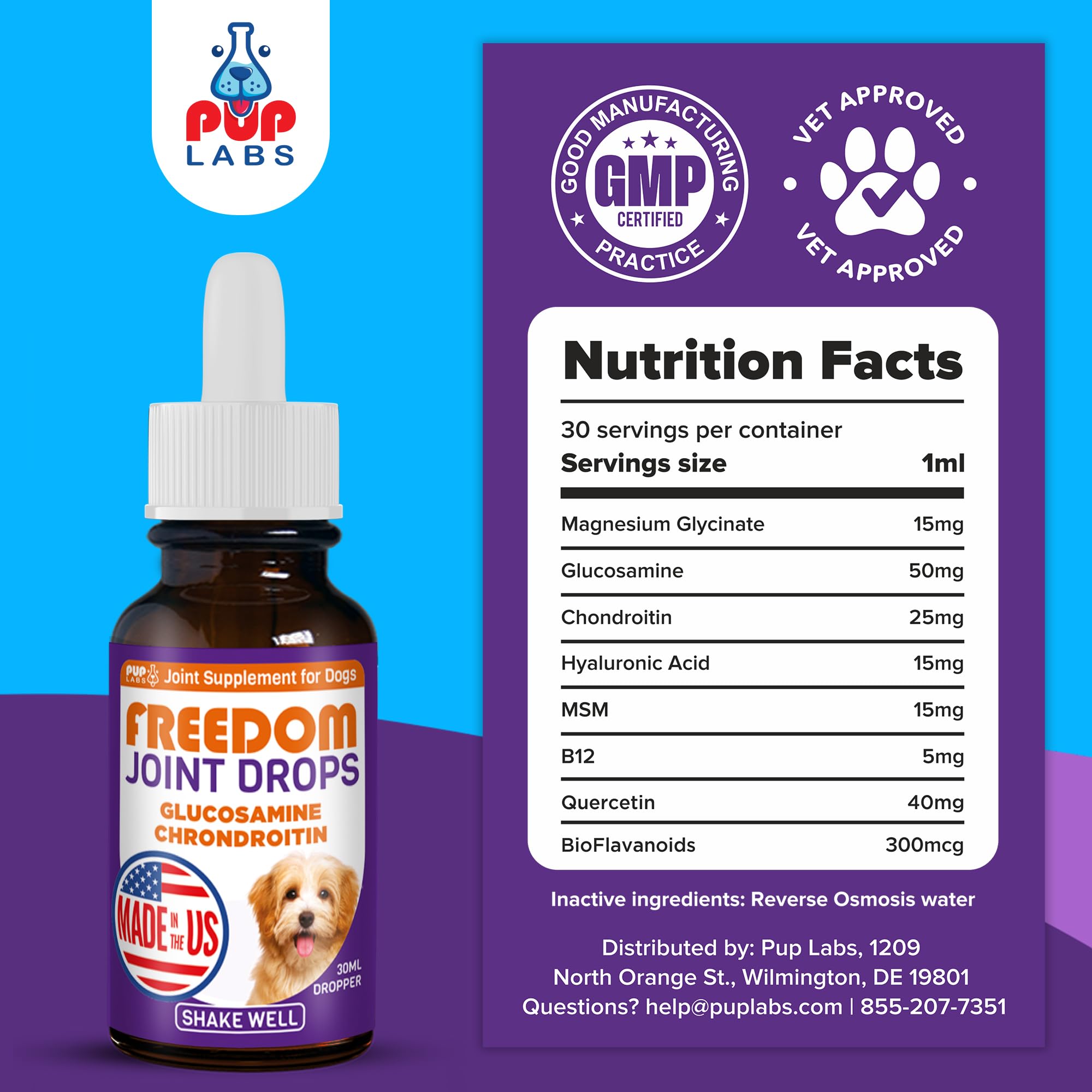 Pup Labs Freedom Joint Drops: envase de 30mililitros para uso cómodo