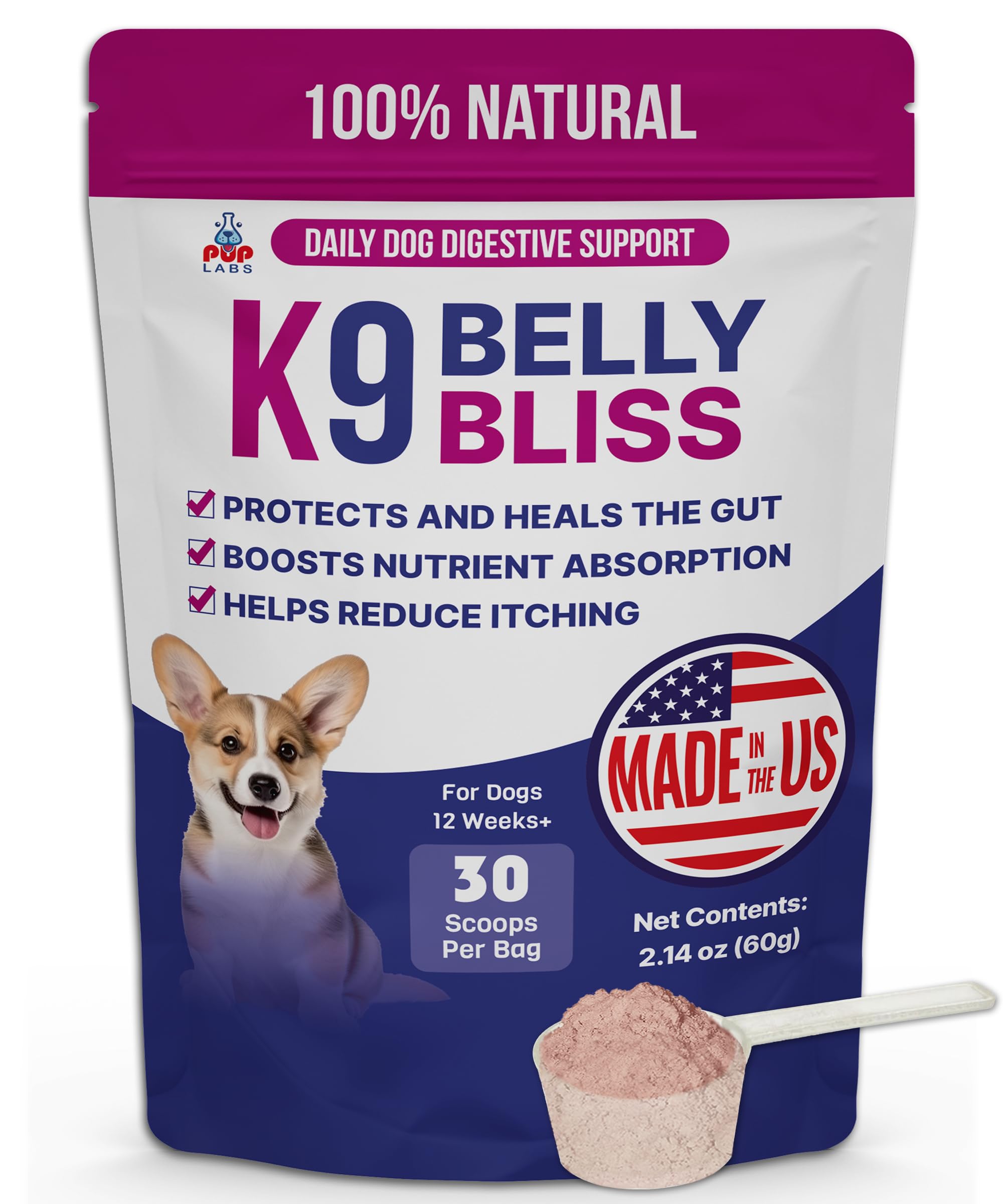 Empaque de Pup Labs K9 Belly Bliss, fácil de usar para el cuidado digestivo diario.