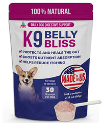 Empaque de Pup Labs K9 Belly Bliss, fácil de usar para el cuidado digestivo diario.