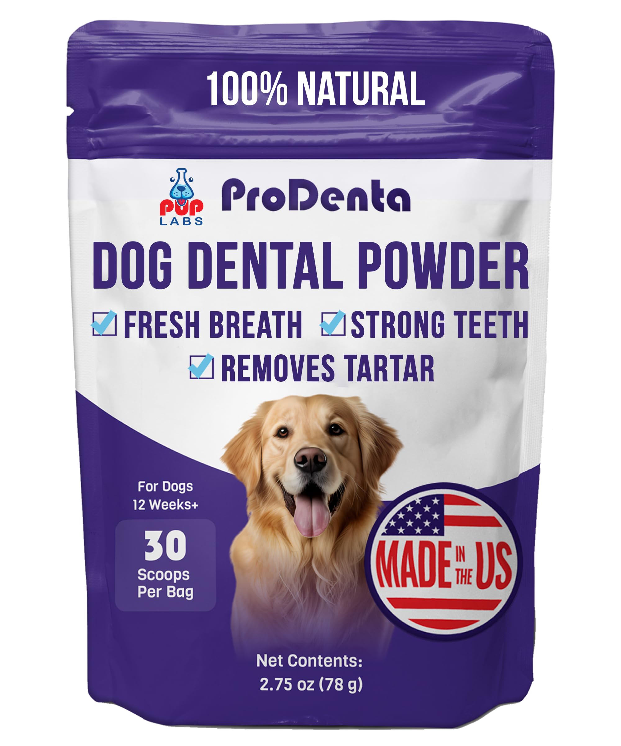 Pup Labs ProDenta: pote de polvo dental para perros con aroma fresco.