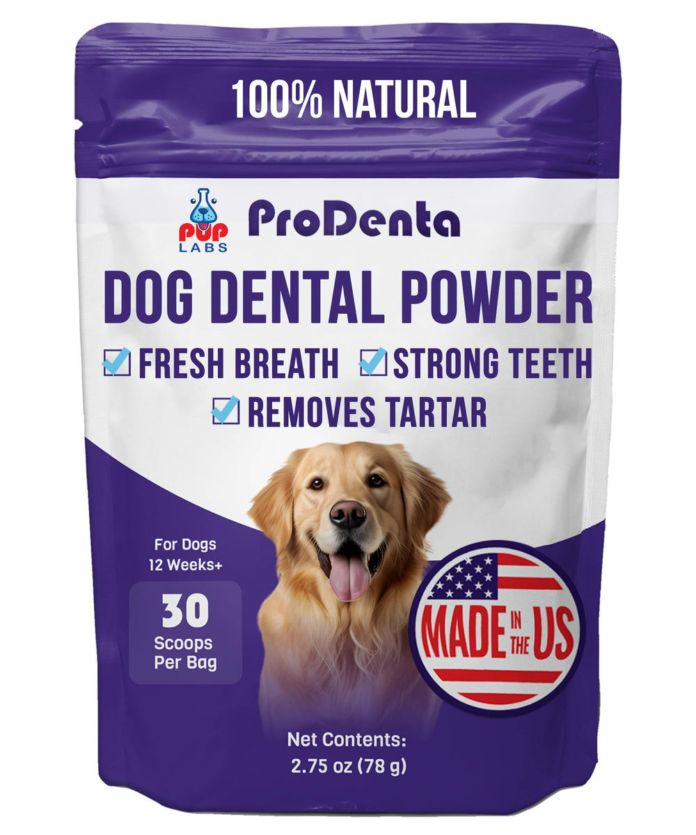 Pup Labs ProDenta: pote de polvo dental para perros con aroma fresco.