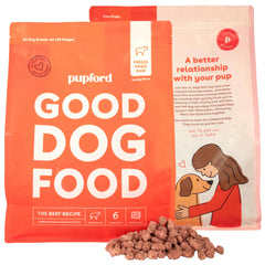 Pupford alimento para perros liofilizado con carne de res, alta proteína para energía diaria.