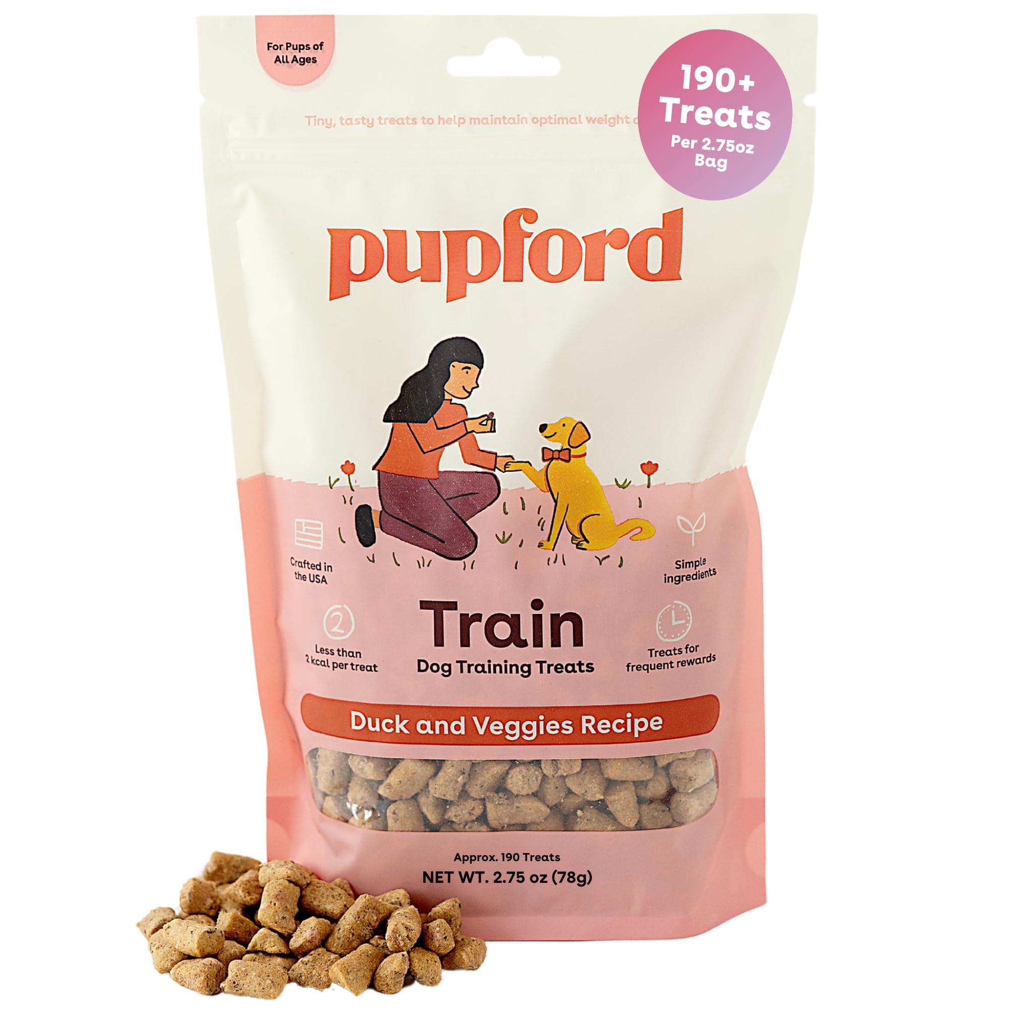 Pupford bocados-entrenamiento-pato-y-verduras, ideales para reforzar sesiones de adiestramiento.