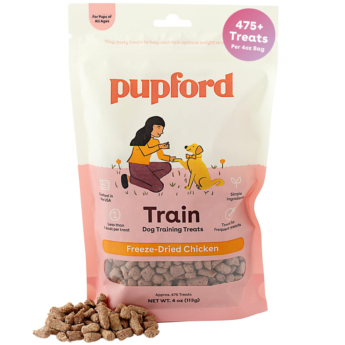 Pupford bocados de entrenamiento congelados en empaque de 4 oz para perros.