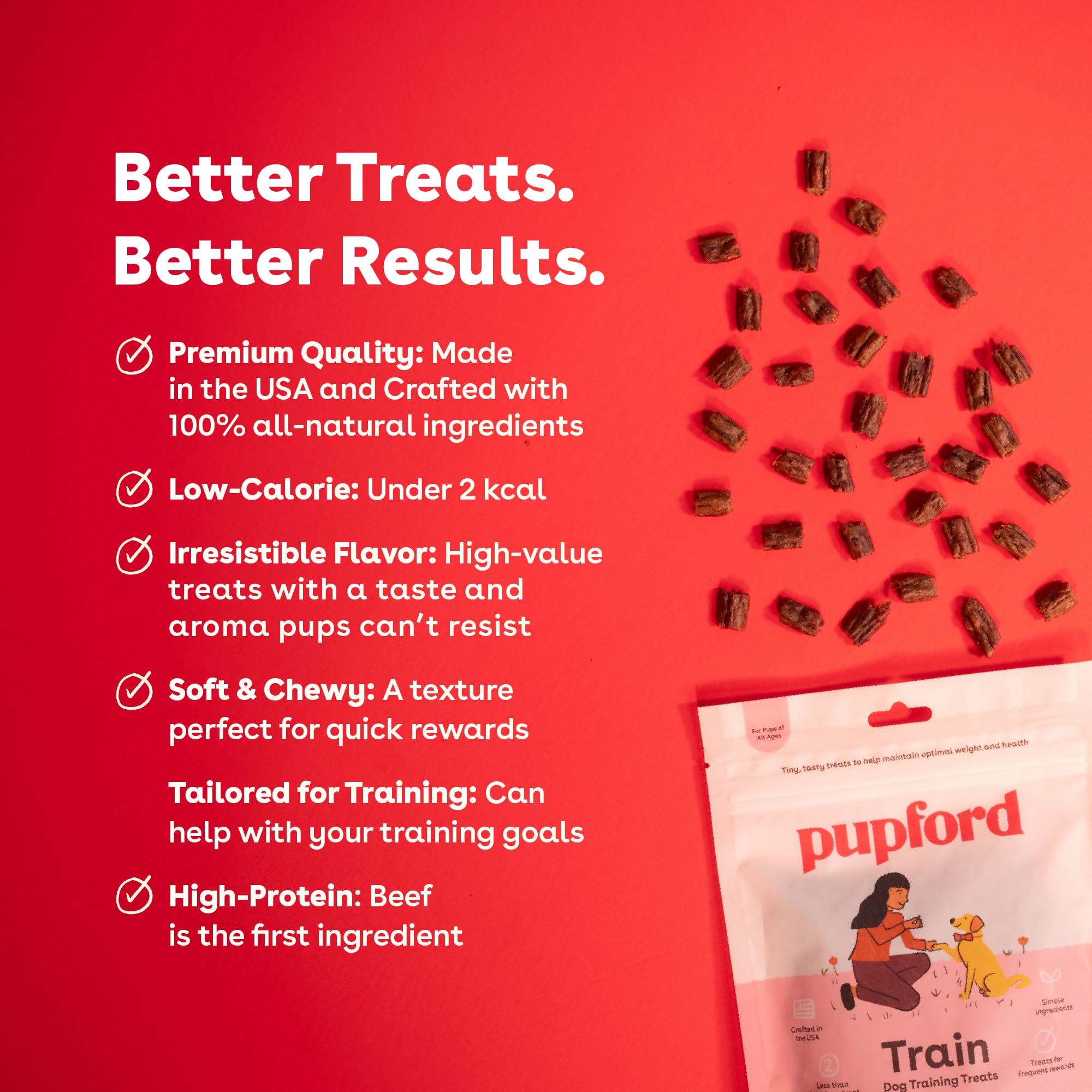 Golosinas Pupford con ingredientes naturales de res para perros de alta calidad.
