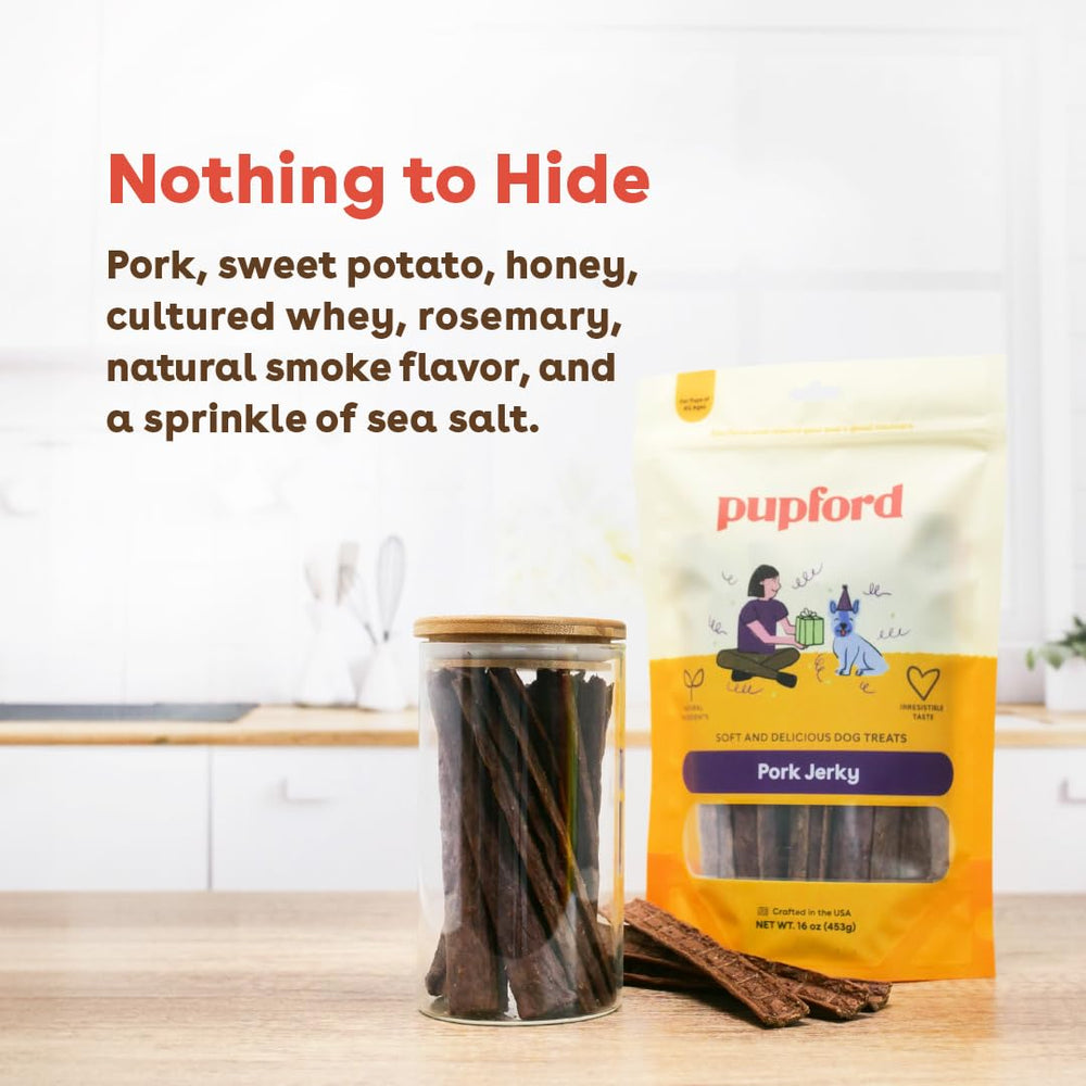 Pupford Pork Jerky Perros Disfrutan: sabor auténtico que anima la pausa de juego.