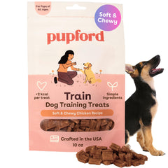 Premios Pupford suaves para entrenamiento con sabor a pollo, ideal para sesiones de obediencia.