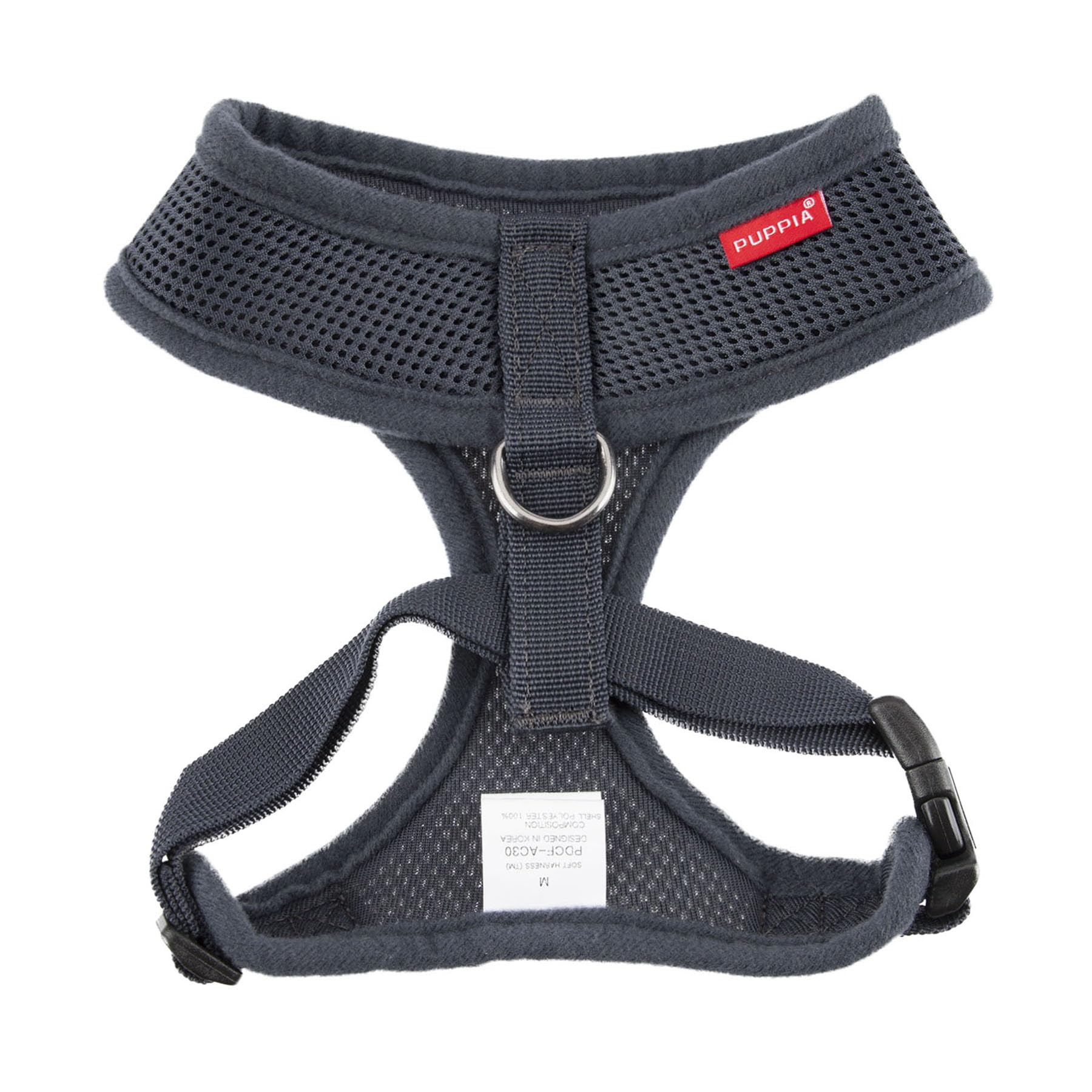 Arnés Puppia gris X-Small, vista trasera, ajuste práctico para perros pequeños.