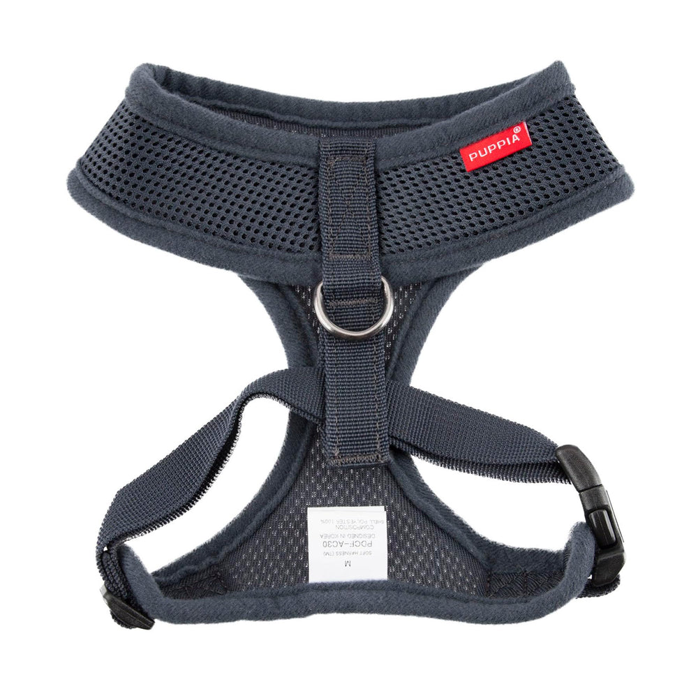 Arnés Puppia gris X-Small, vista trasera, ajuste práctico para perros pequeños.