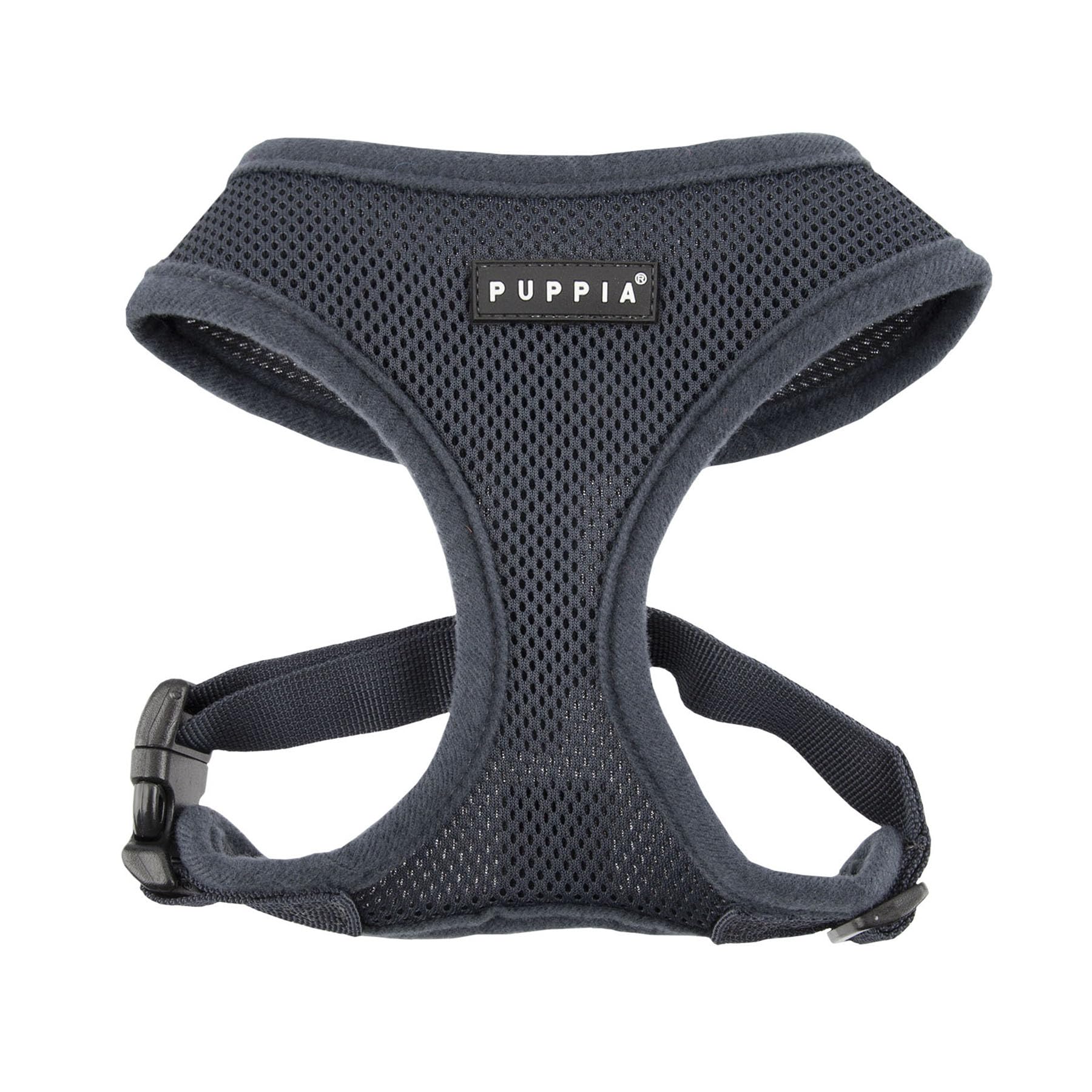 Arnés Puppia suave gris X-Small, vista frontal, cómodo para paseos diarios.