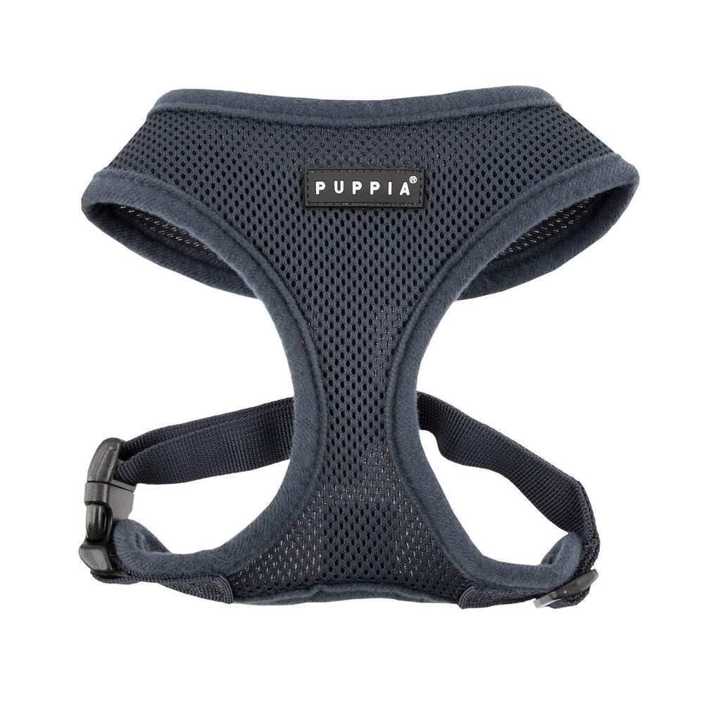 Arnés Puppia suave gris X-Small, vista frontal, cómodo para paseos diarios.